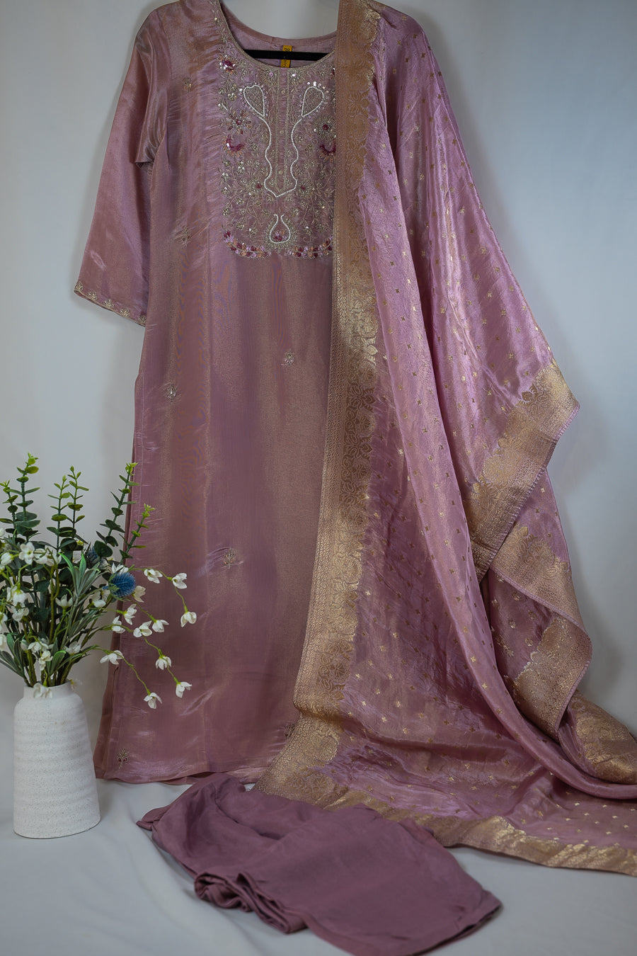 Mauve Zari Embroidered suit Set with Banarasi Dupatta