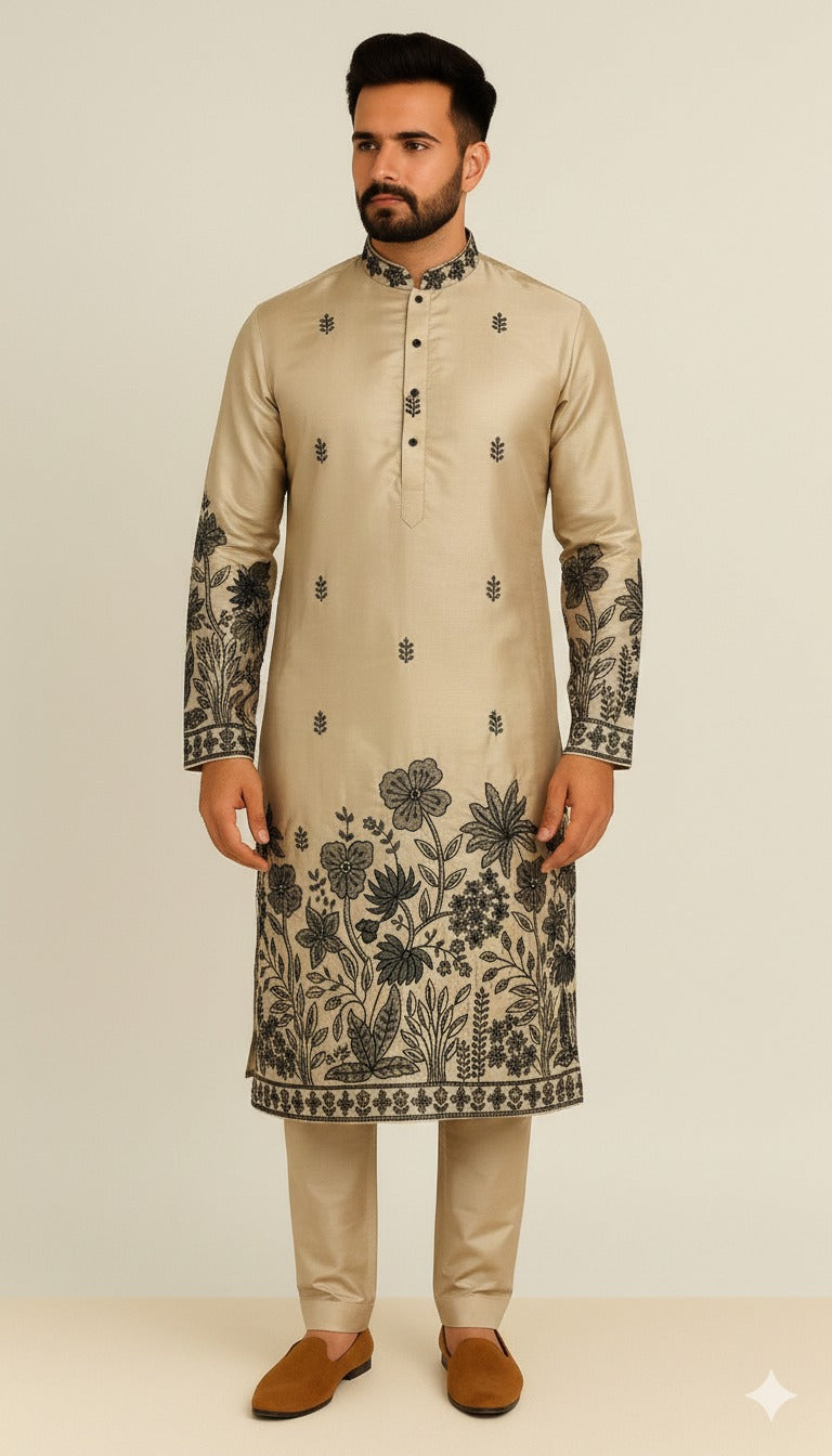 Flower and Sequin Embroidery Mens Kurta-Pajama Set