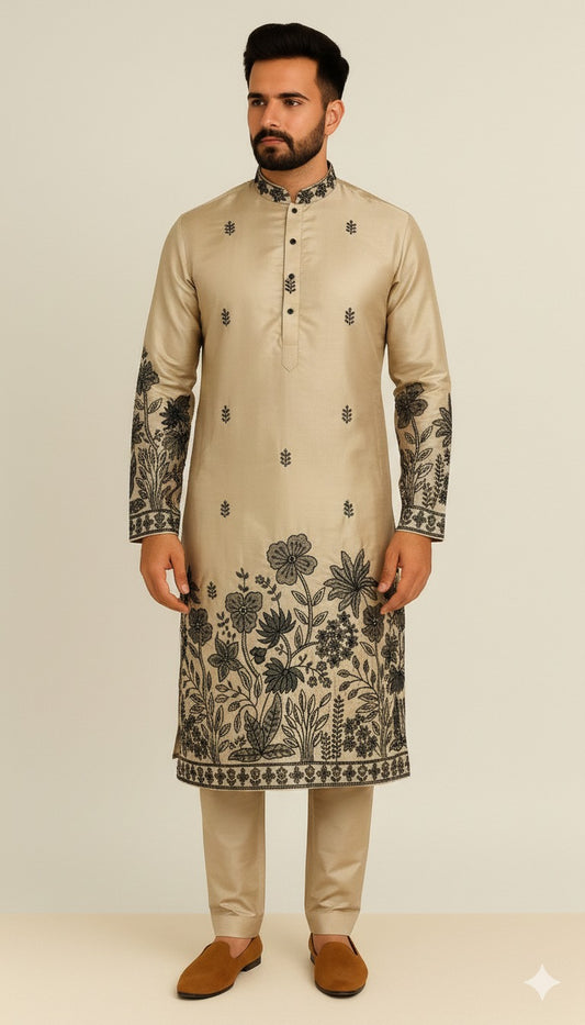 Flower and Sequin Embroidery Mens Kurta-Pajama Set