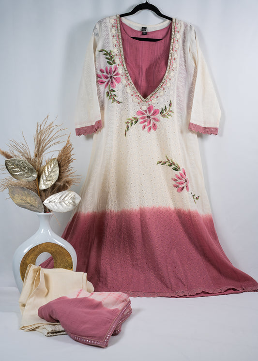 Ivory & Rose Ombre Floral Embroidered Anarkali Set