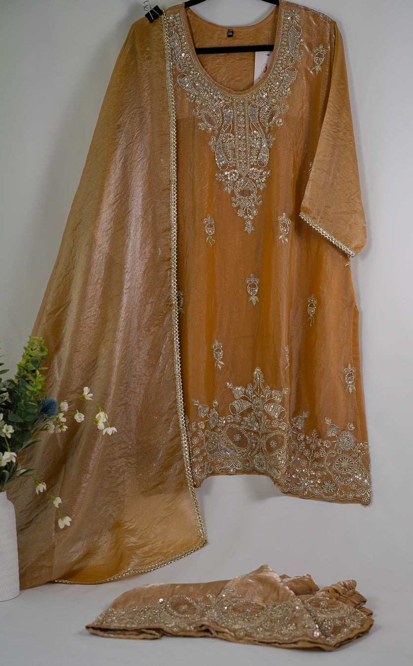 Golden Tissue Zardozi Embroidered 3-Piece Suit Set