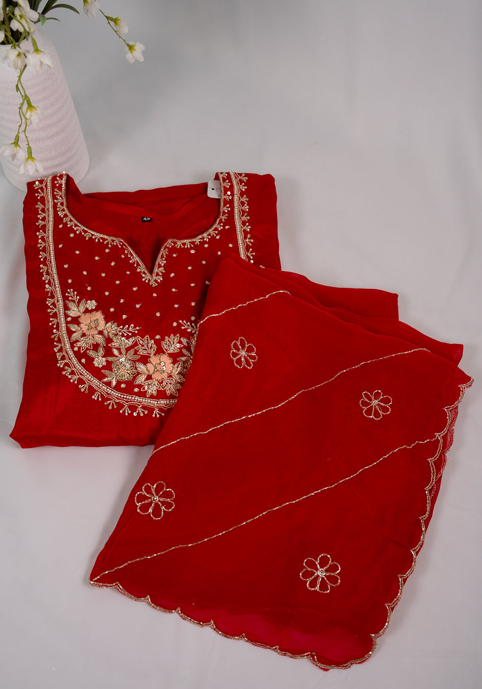 Red Floral Zardozi Embroidered Kurta Set