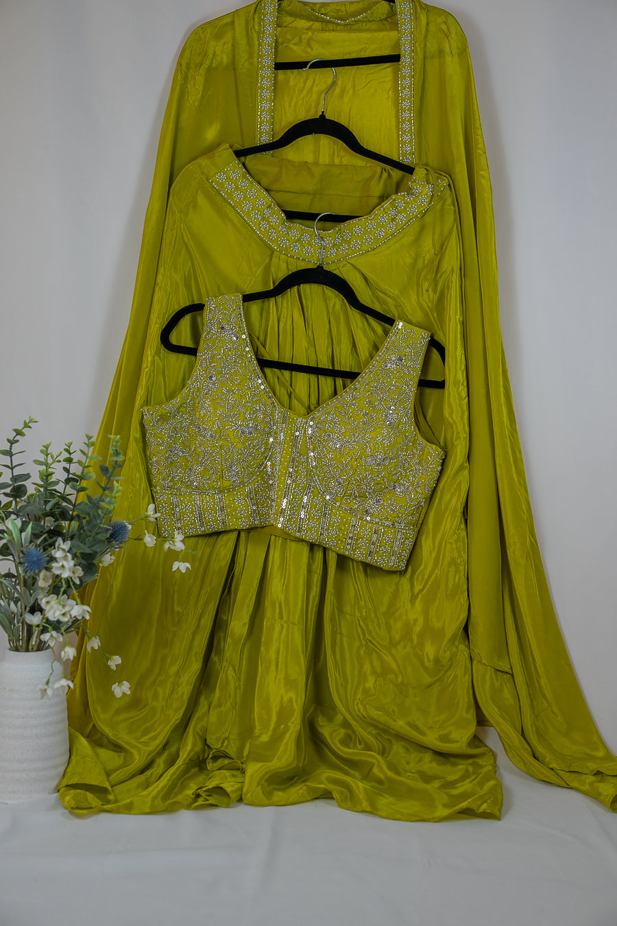 Lime Green Sequin & Zardozi Embroidered Lehenga Choli Set with Dupatta